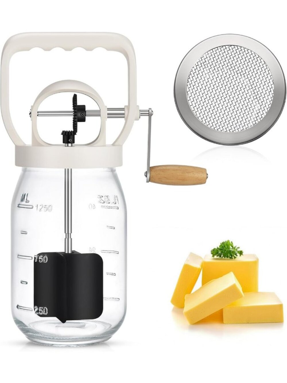 Hand Crank Butter Churner 1.5L Glass Jar with Sifting Lid & Safety Device